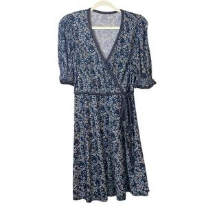 Navy Blue/White Floral Wrap Dress, Size Small
